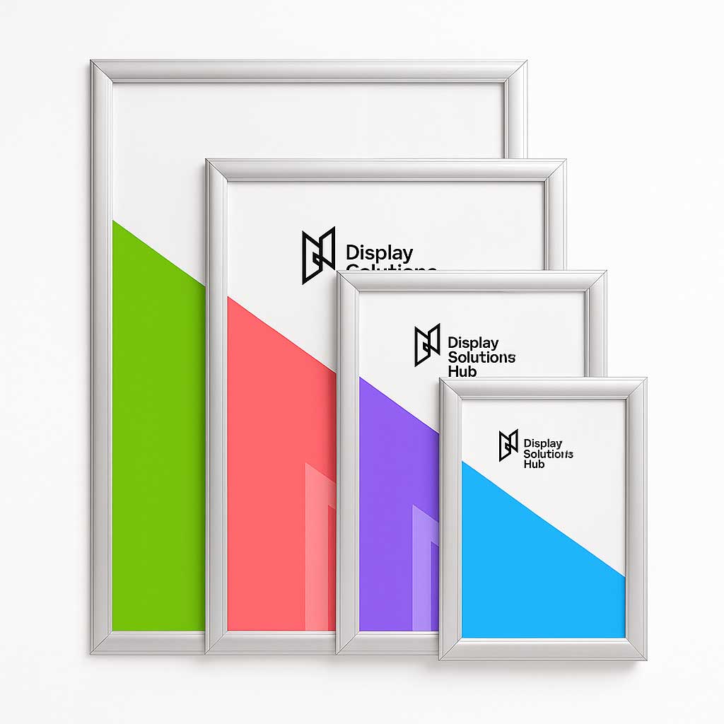 “Aluminium Snap Frames – 25 mm profile with anti-glare cover, clip-clap snap system, Display Solutions Hub”