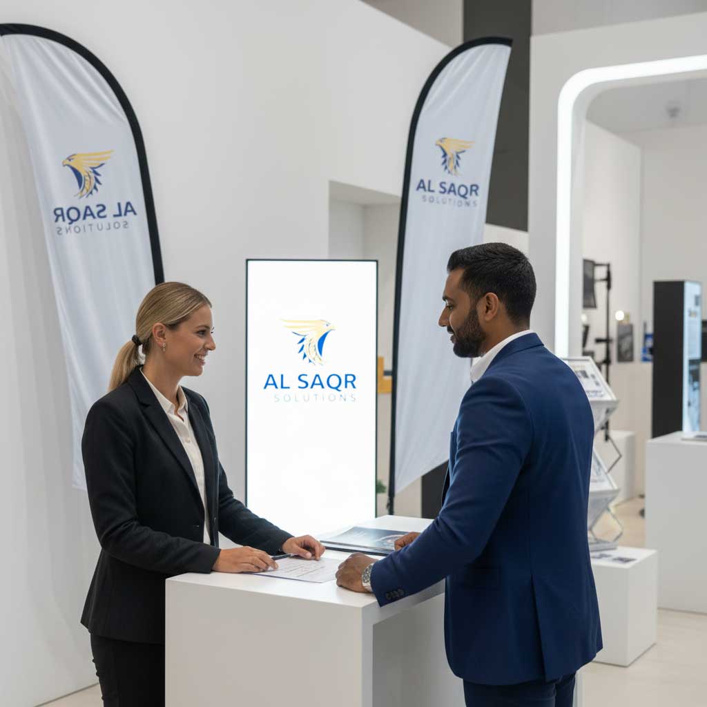 Display Solutions Hub representative assisting a client at a showroom desk with sample LED lightboxes and flag poles on display, emphasizing customer service and trust.