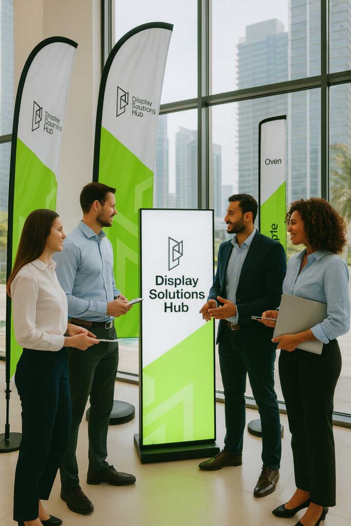 Exhibition booth in the UAE featuring Display Solutions Hub products — teardrop flags, rectangular flags, and LED lightboxes — reviewed by agency professionals.