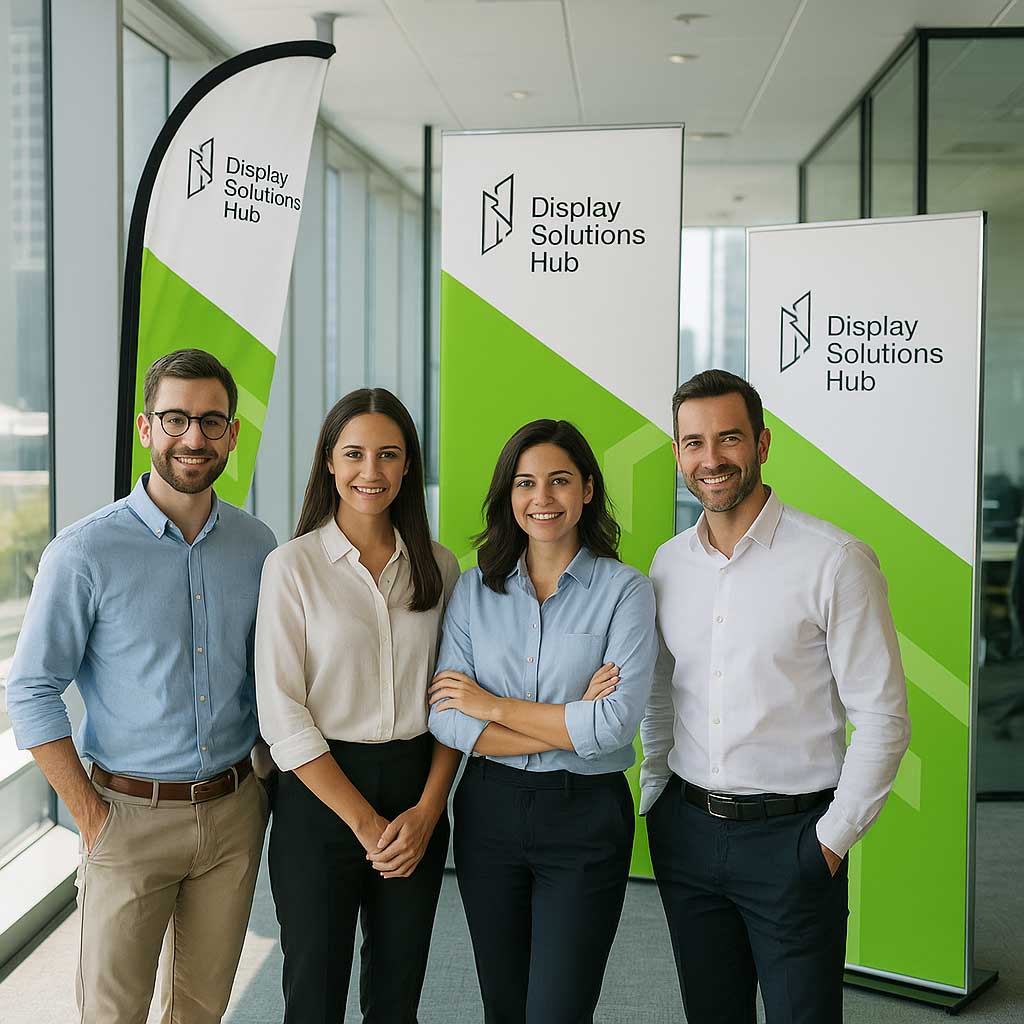 Display Solutions Hub team collaborating with advertising agency partners in a modern UAE office, with flag poles and LED lightboxes in the background.