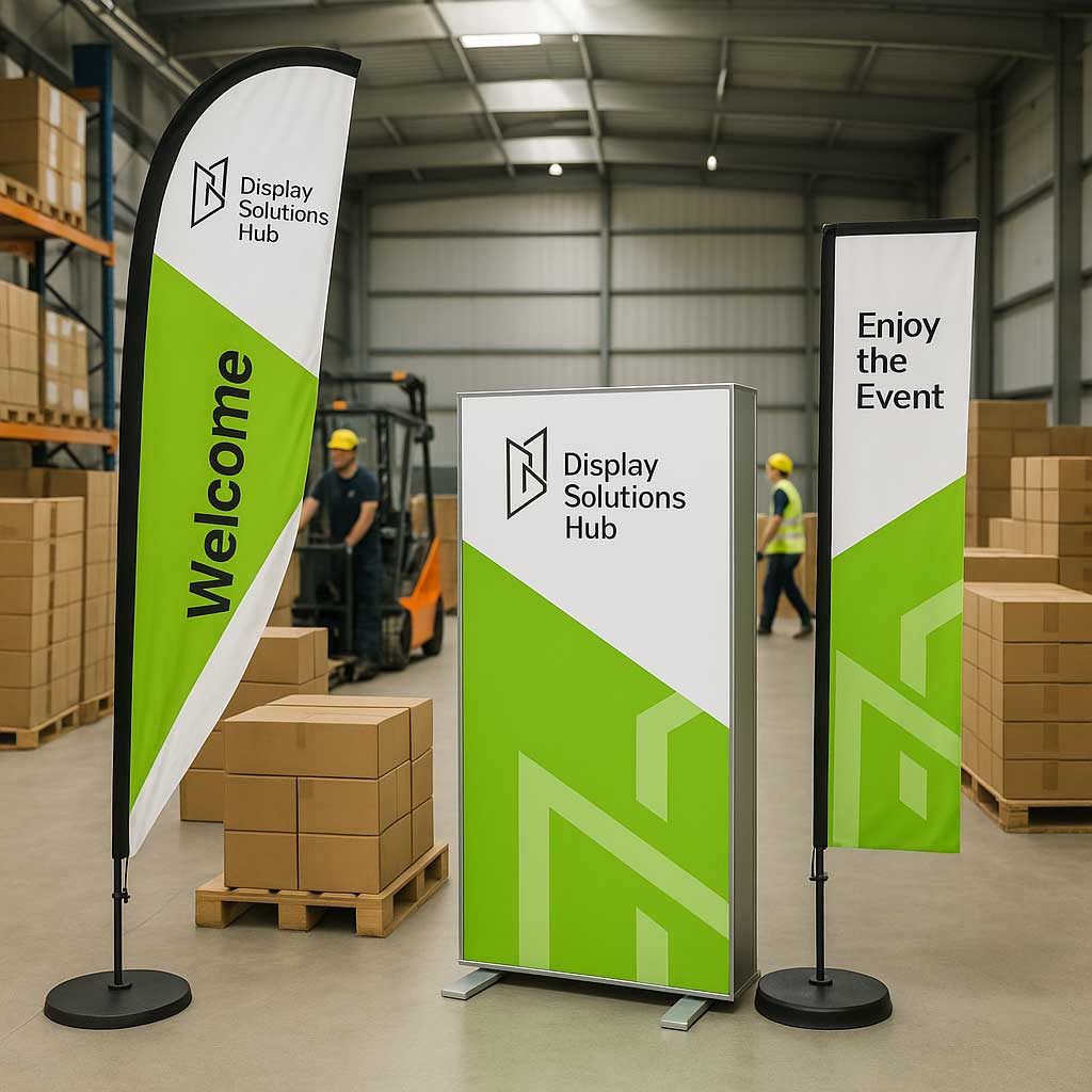 Inside Display Solutions Hub’s Ras Al Khaimah warehouse with stacked flag poles and LED lightboxes, showcasing local inventory and fast delivery.